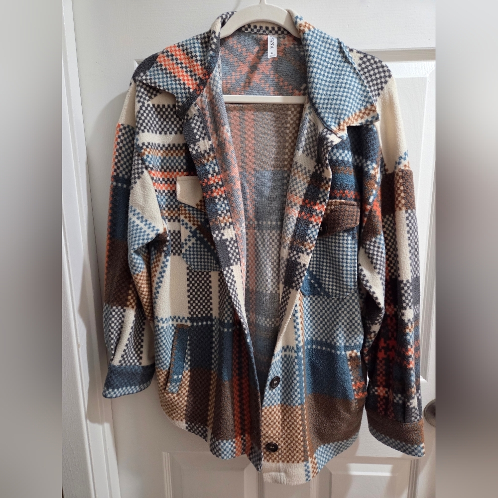 Zenana Plaid Button-Up Jacket in Blue, Brown, Cream, & Orange